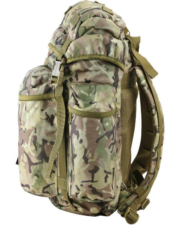 Side view of green army print cadet sack with adjustable straps and buckle