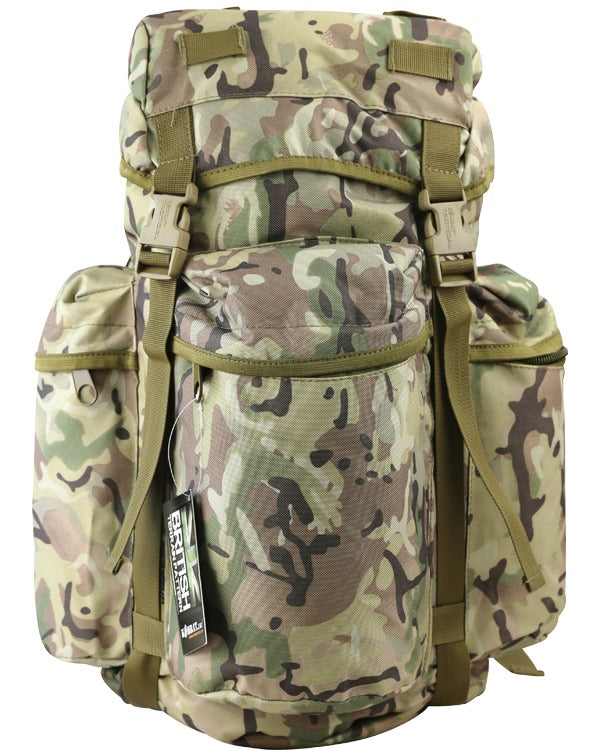 Front view of green army print cadet sack with adjustable straps and buckle