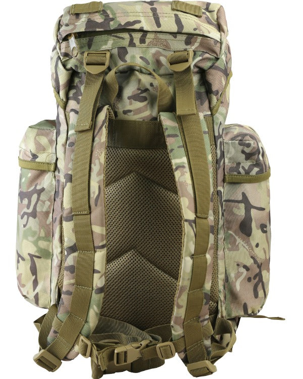Back view of green army print cadet sack showing wide shoulder straps and adjustable toggles
