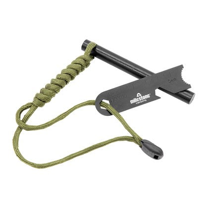black metal splint and striker with army green lanyard attached