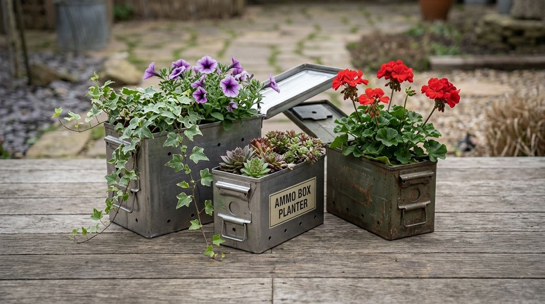 Ammo boxes as garden planters and outdoor decor