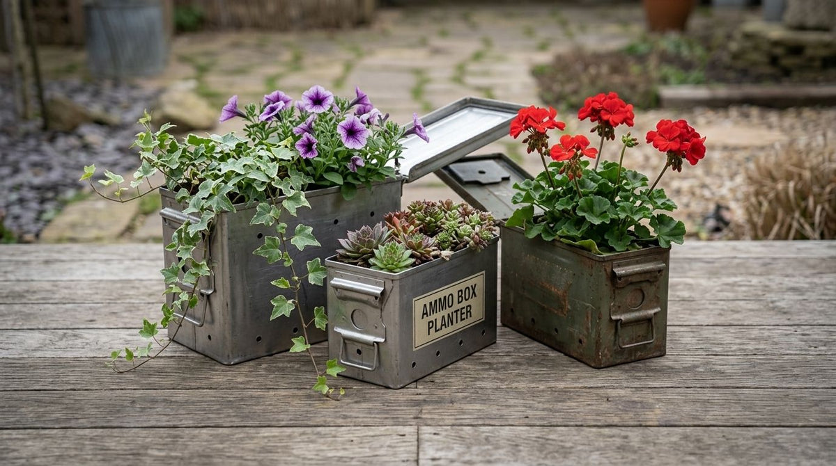 Ammo boxes as garden planters and outdoor decor