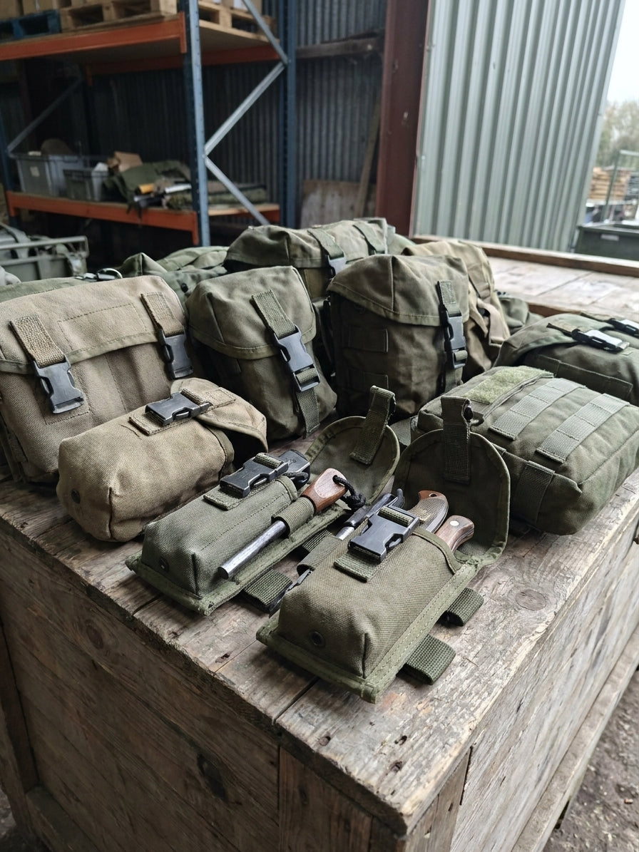 Military webbing pouches for bushcraft belt kits