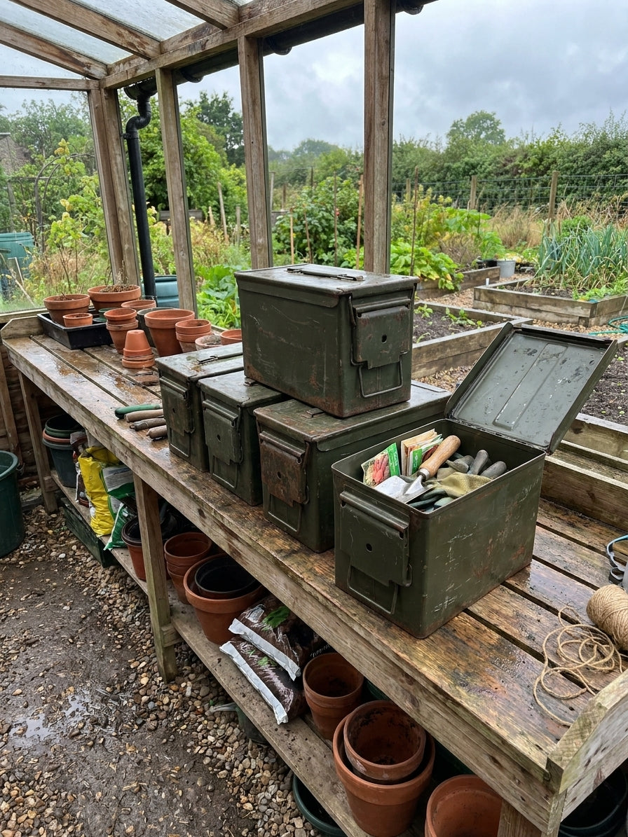 Ammo tins for garden and allotment storage