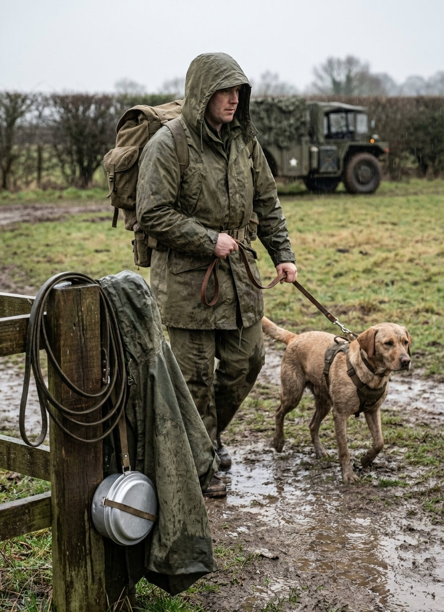 Military surplus rainwear for dog walkers