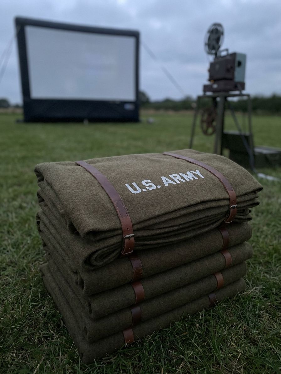 Wool military blankets for outdoor cinema and picnic events