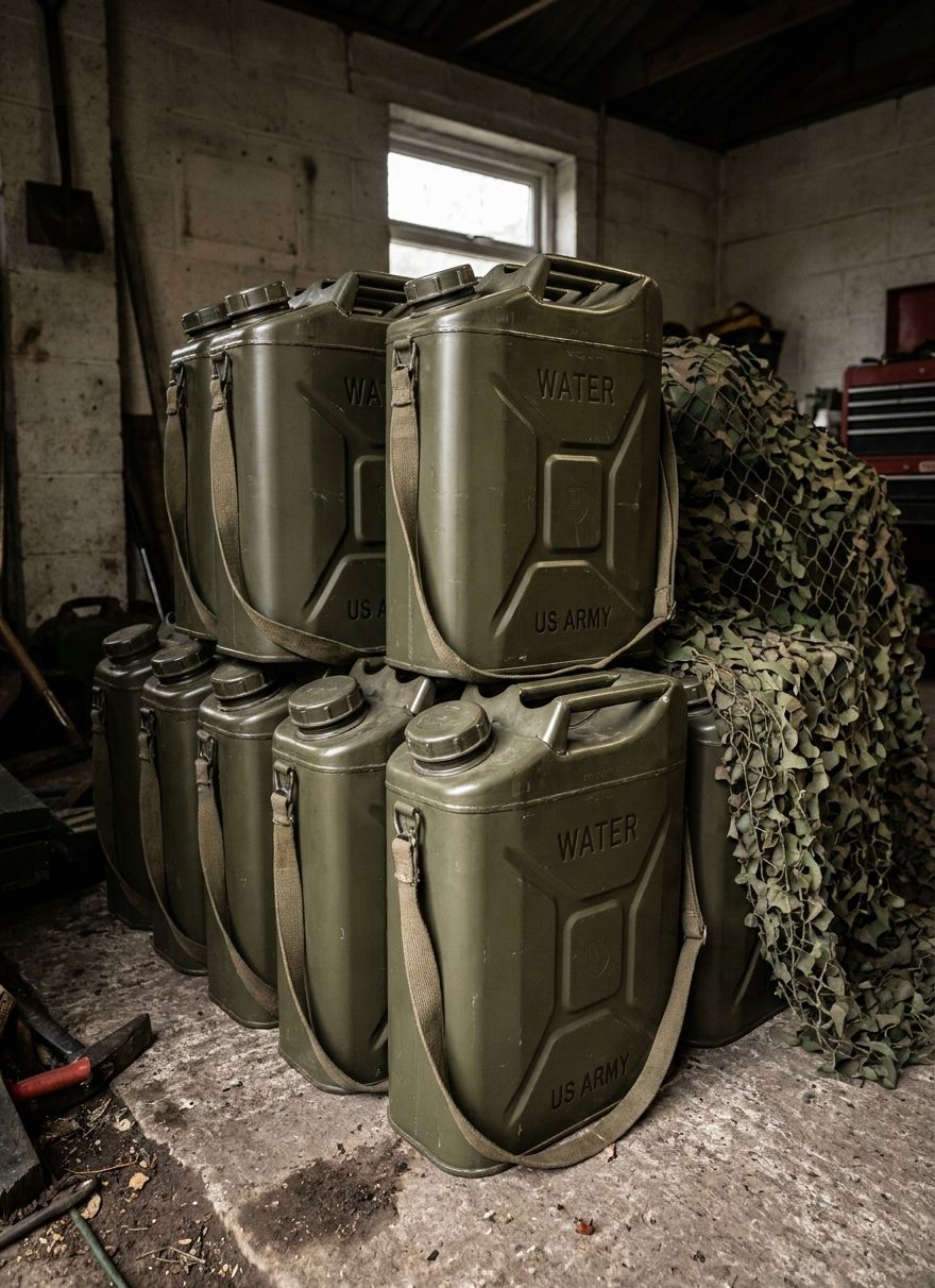 Military jerry cans for emergency water storage at home