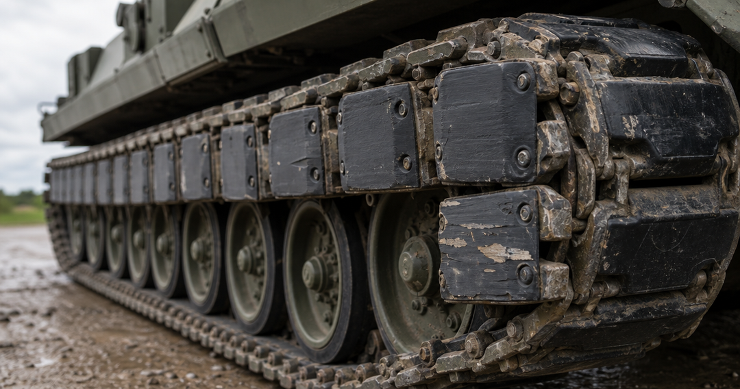 Close-up of a tank track fitted with black rubber track pads bolted to each link
