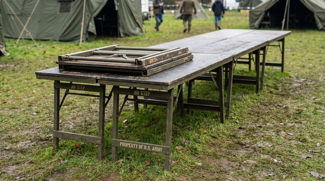 Ex military trestle tables for garden parties and events