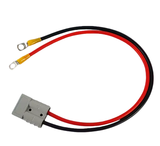 Wiring harness with red and black wires and a connector on a light blue background