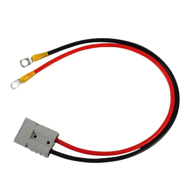 Wiring harness with red and black wires and a connector on a light blue background