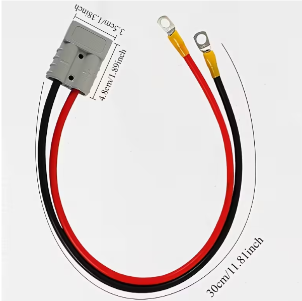 Wiring harness with red and black wires and a connector on a white background