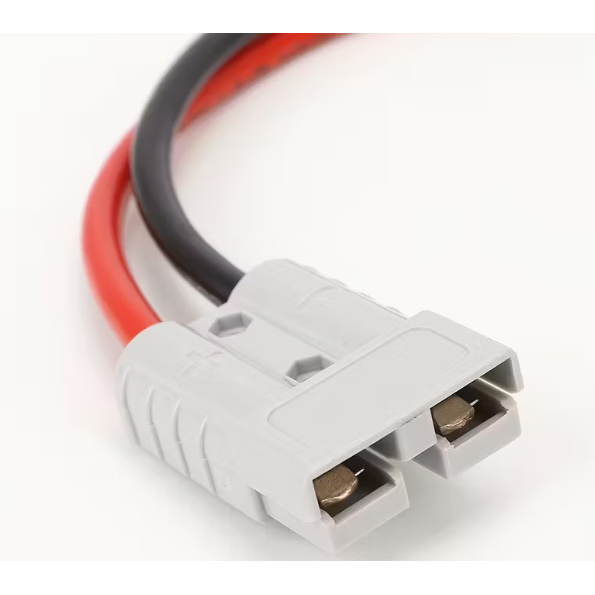 Electrical connector with red and black wires on a white background