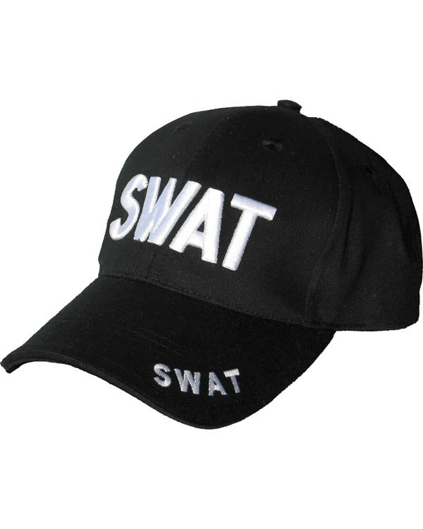 Black baseball cap with white, 3D effect embroidery on front side and SWAT embroidered on the brim 