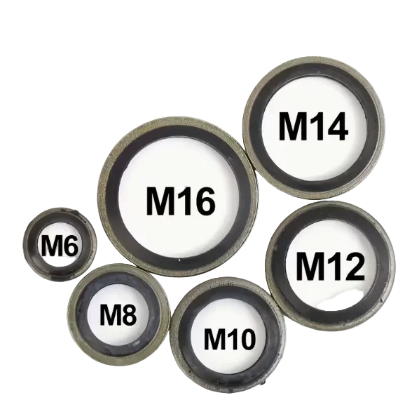 Set of gaskets with labeled specifications on a white background