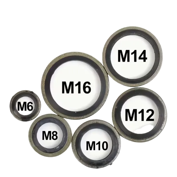 Set of gaskets with labeled specifications on a white background