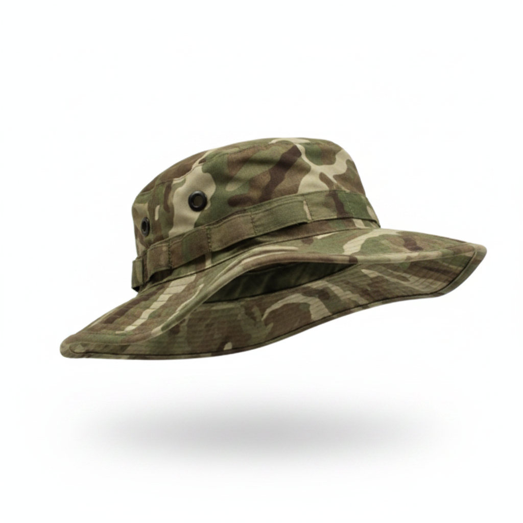 A camouflage boonie hat displayed on a white mannequin head against a light gray background.