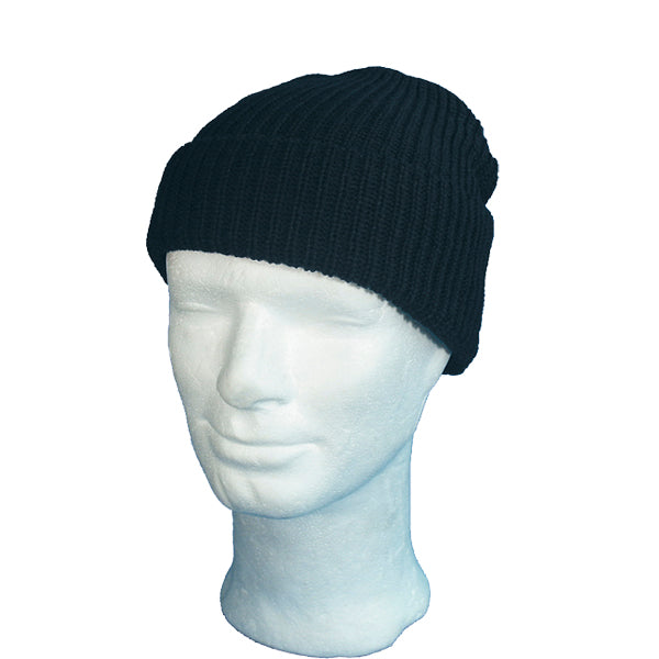 Black knit beanie on a white mannequin head against a white background