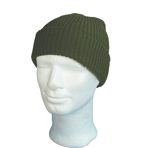 Green knit beanie on a white mannequin head against a white background