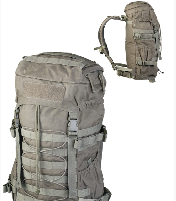 Tactical backpack with multiple straps and compartments on a white background