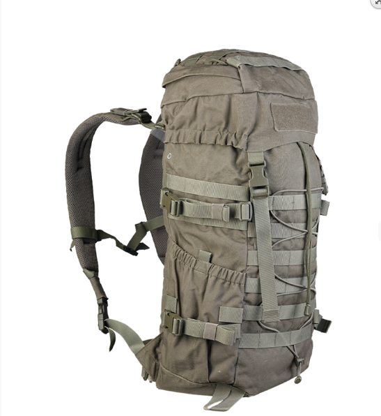Tactical backpack with multiple straps and compartments on a white background