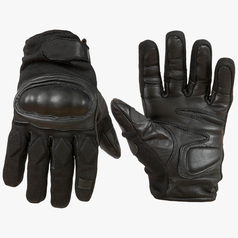 Pair of black gloves with structured knuckles and leather details and leather palm