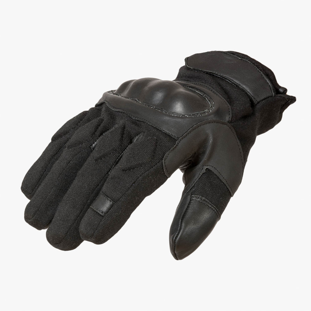Black gloves with structured knuckles and leather details