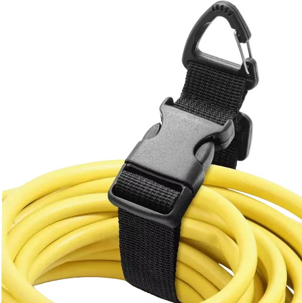 Black strap with carabiner and yellow coiled cable on a white background