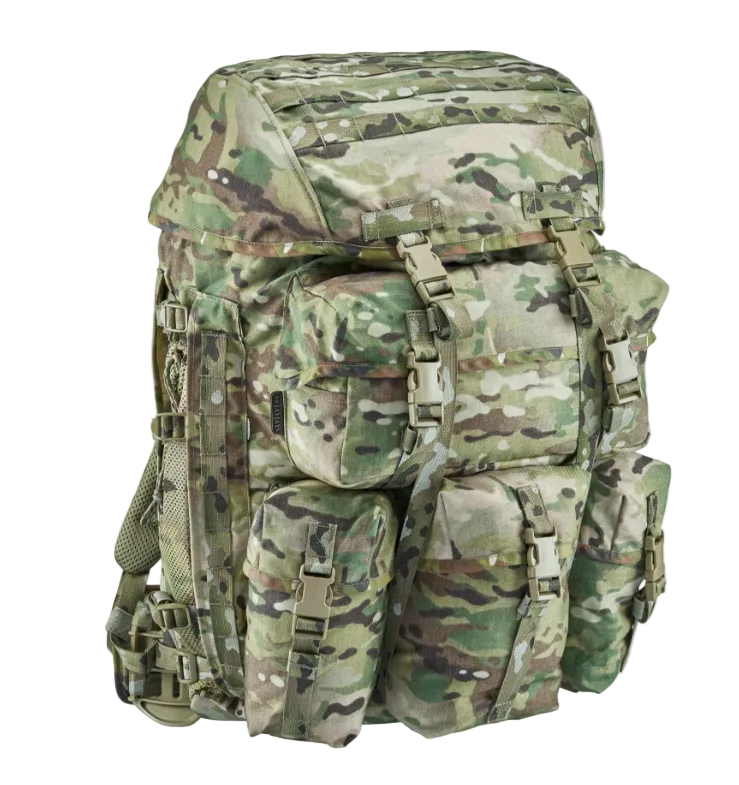 Camouflage backpack on a light gray background