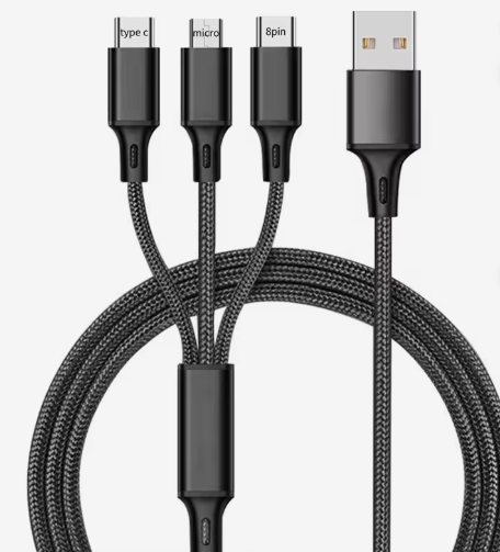 3-in-1 Braided Fast Charging Cable – USB-C, Micro USB &amp; 8-Pin for iPhone – 3A – Black