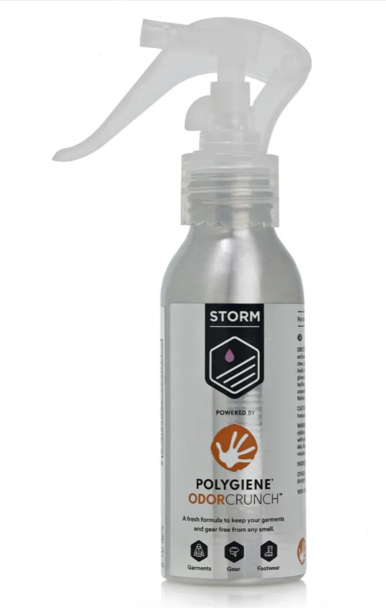 A silver spray bottle of Storm Polygiene OdorCrunch with a clear trigger spray top, shown on a white background.