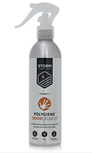 A silver spray bottle of Storm Polygiene OdorCrunch with a white trigger sprayer, shown on a clean white background.