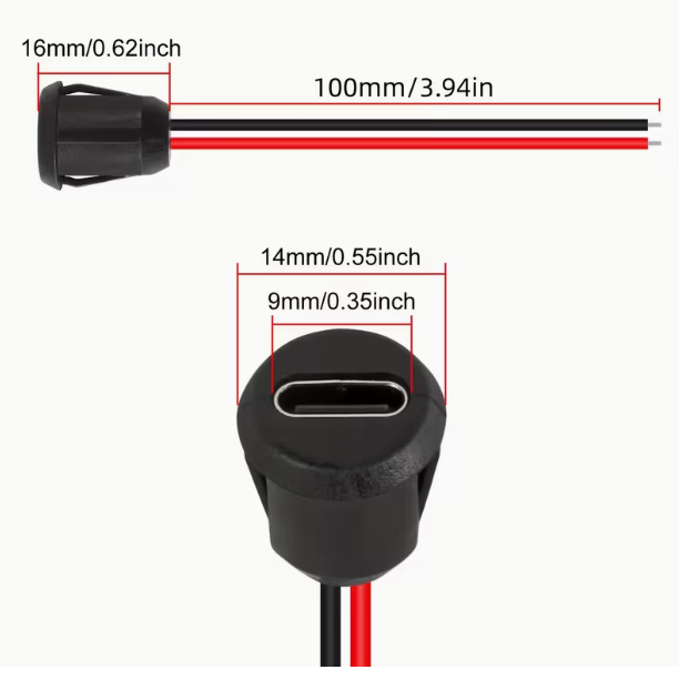 Black electrical connector with red and black wires, showing measurements on a white background.