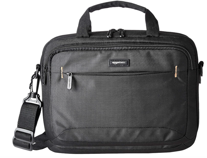 Black laptop bag with Amazon logo on a white background