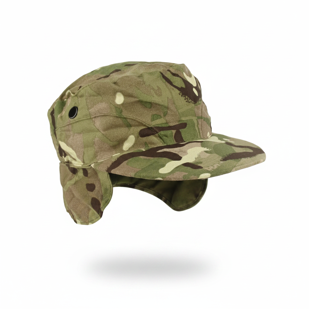 British Army Combat Cap MTP (Crap Hat) - Grade A British Surplus, Cold Weather Cap with fold-down ear flaps, side view - NSN 8415-99-9158-233