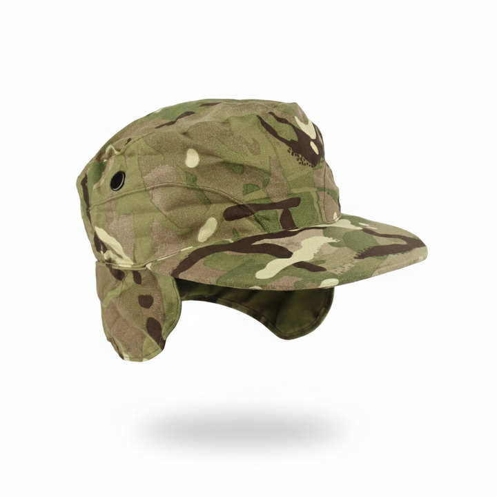 British Army Combat Cap MTP (Crap Hat) - Grade A British Surplus, Cold Weather Cap with fold-down ear flaps, side view - NSN 8415-99-9158-233
