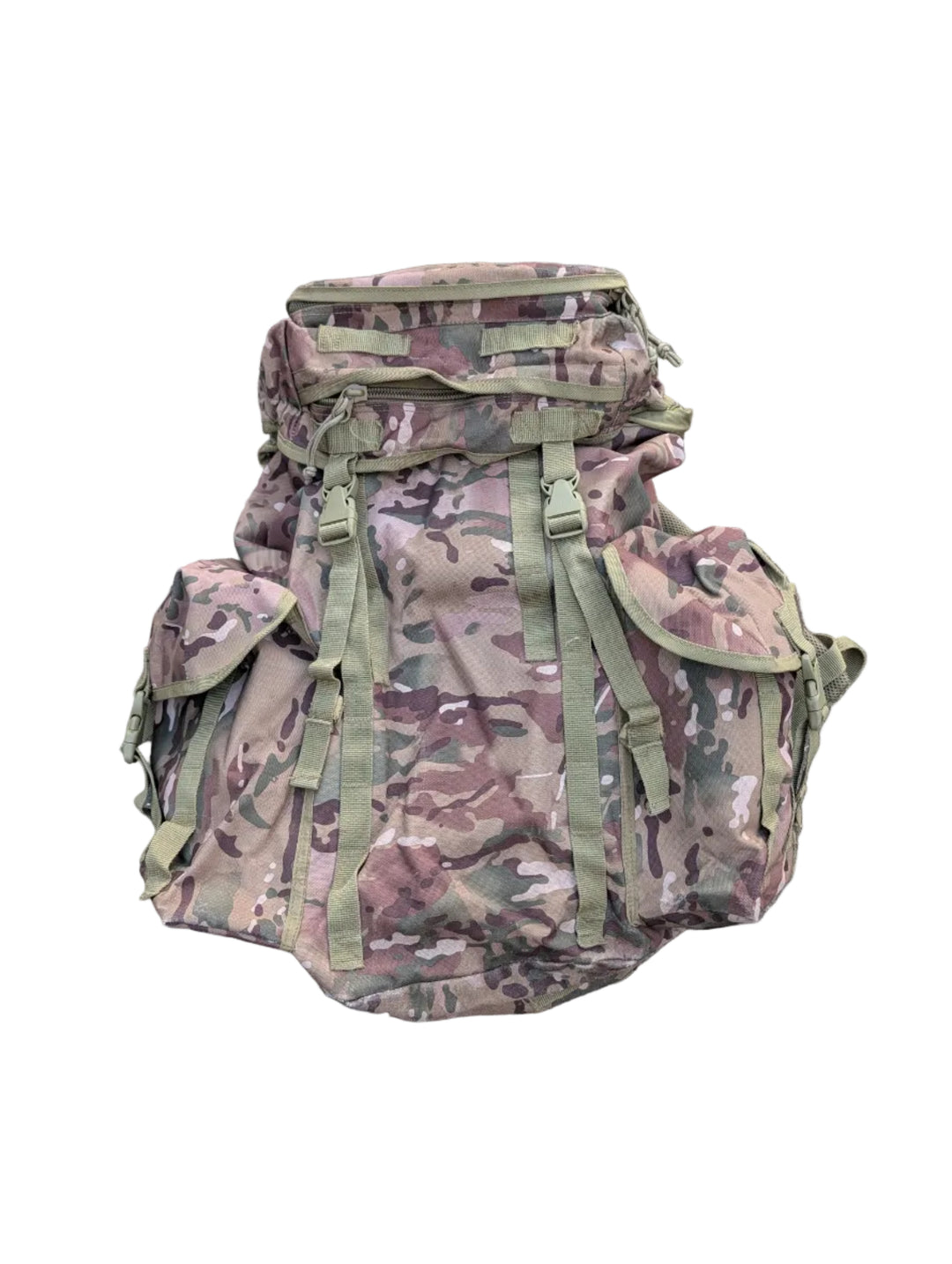Camouflage backpack on a gray pavement