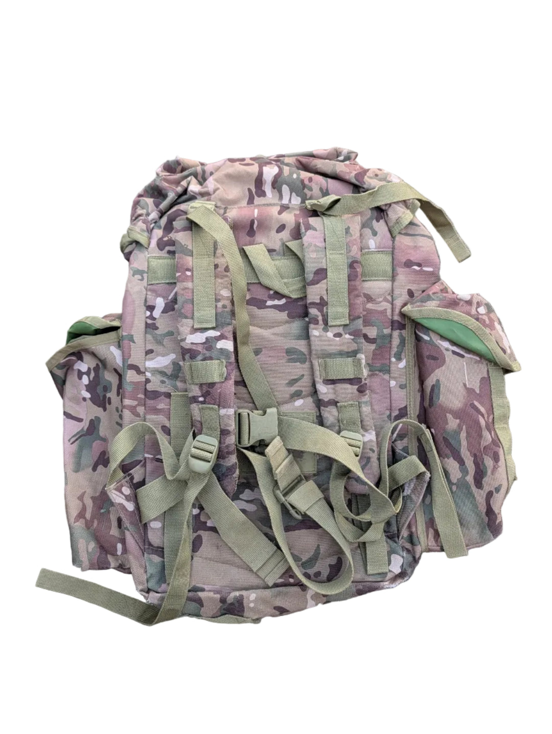 Camouflage backpack with green straps on a gray surface