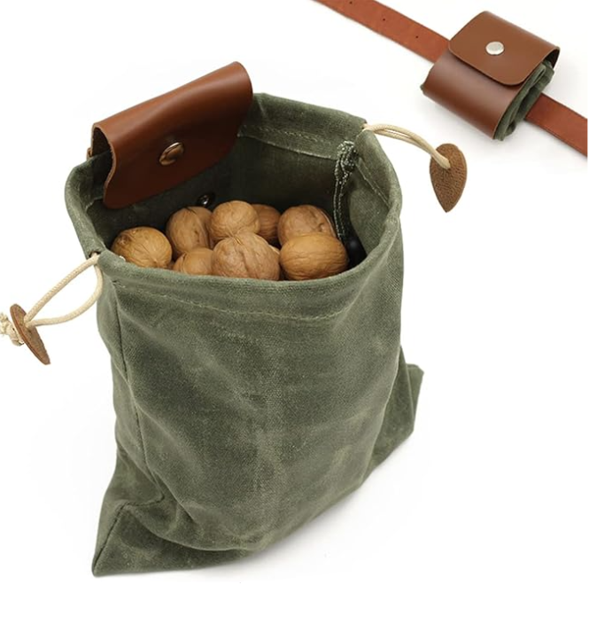 Green fabric pouch with brown leather accents containing walnuts on a white background