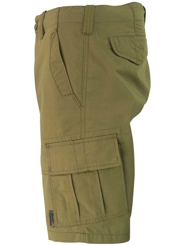 Olive green cargo shorts on a white background