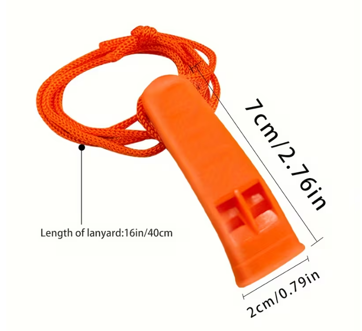 An orange whistle with a matching orange lanyard on a white background, with overlaid dimension lines and text showing the lanyard length of 16cm/40cm and the whistle dimensions of 7cm/2.76in by 2cm/0.