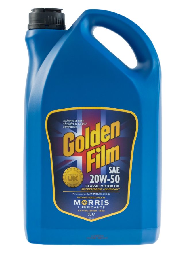 Blue oil bottle with Golden Film label on a white background