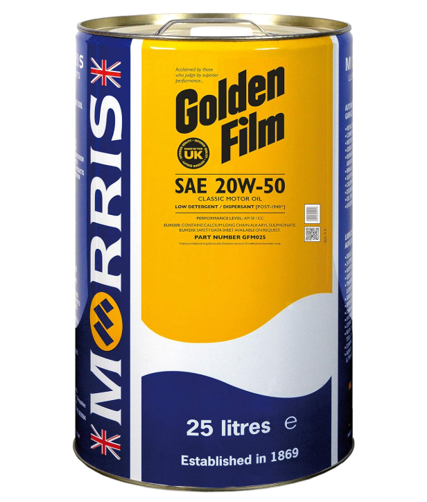 Can of Morris Golden Film SAE 20W-50 motor oil on a white background