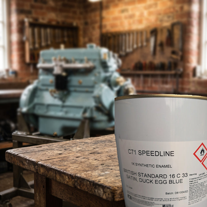 HMG C71 Speedline Duck Egg Blue BS 16C33 Satin 2.5L paint tin with a restored military engine painted in the same colour