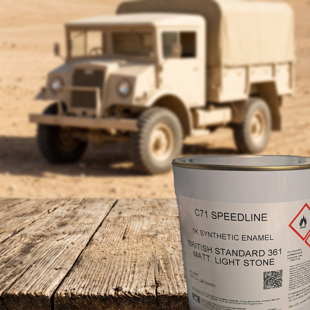 HMG C71 Speedline Light Stone BS361 Matt 2.5L paint tin with a military vehicle painted in the same colour