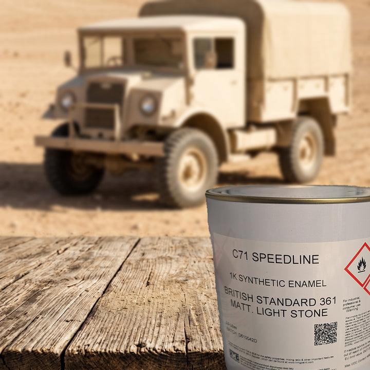 HMG C71 Speedline Light Stone BS361 Matt 2.5L paint tin with a military vehicle painted in the same colour