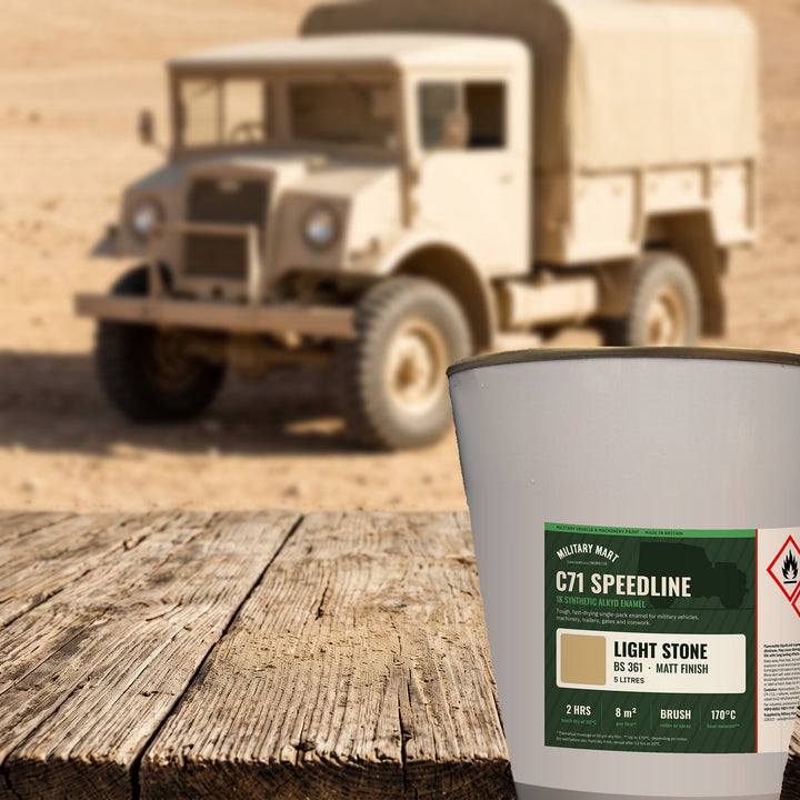 Military Mart C71 Speedline Light Stone BS361 Matt 5L military vehicle paint tin with a military vehicle painted in the same colour