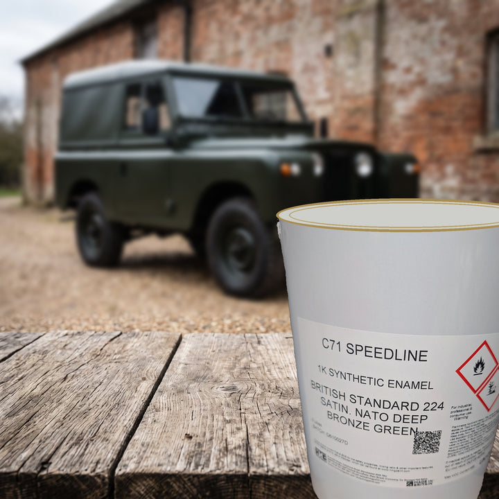 HMG C71 Speedline NATO Deep Bronze Green BS224 Satin 5L paint tin with a military vehicle painted in the same colour