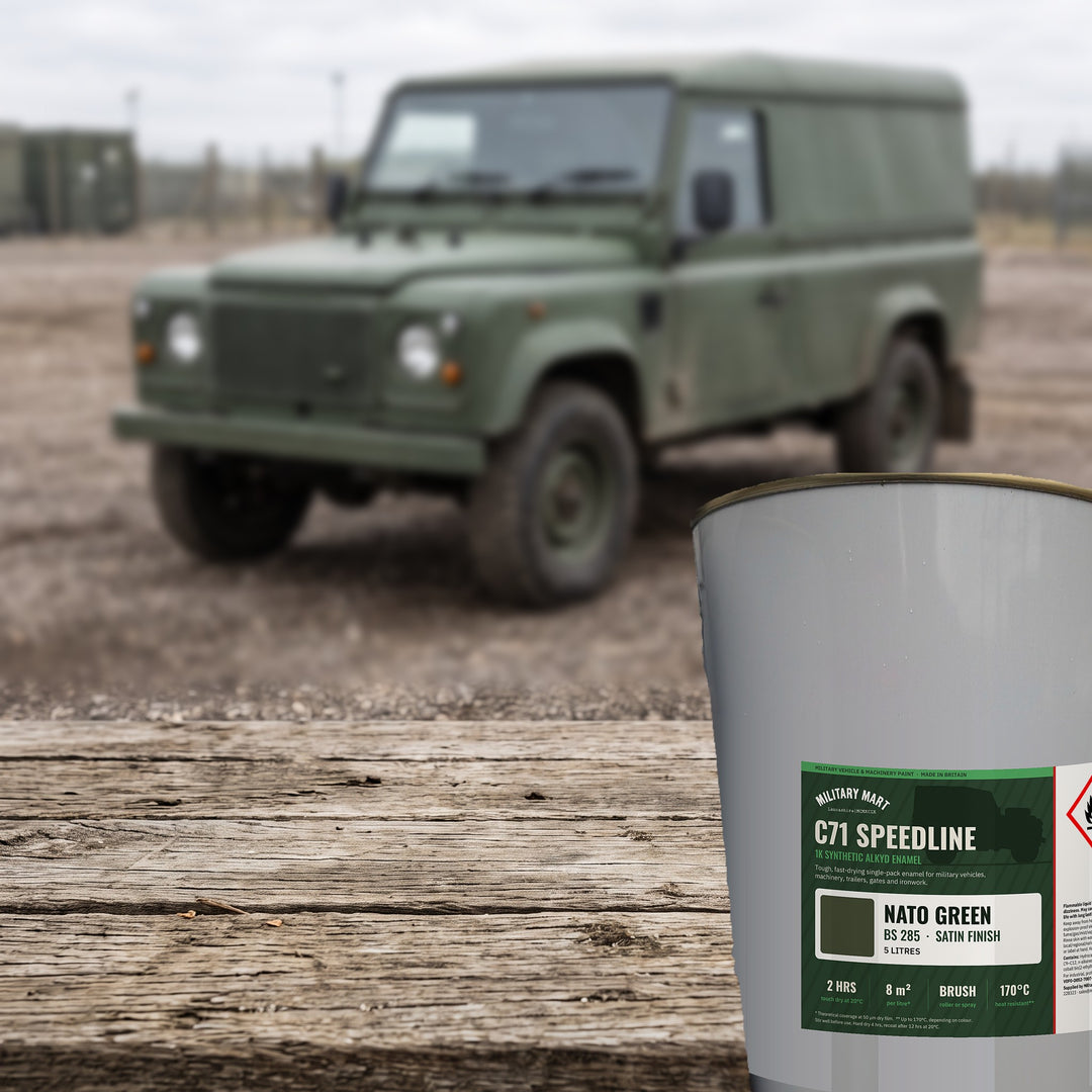 Military Mart C71 Speedline NATO Green BS285 Satin 5L military vehicle paint tin with a military vehicle painted in the same colour