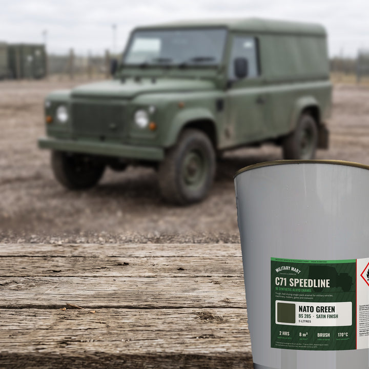 Military Mart C71 Speedline NATO Green BS285 Satin 5L military vehicle paint tin with a military vehicle painted in the same colour